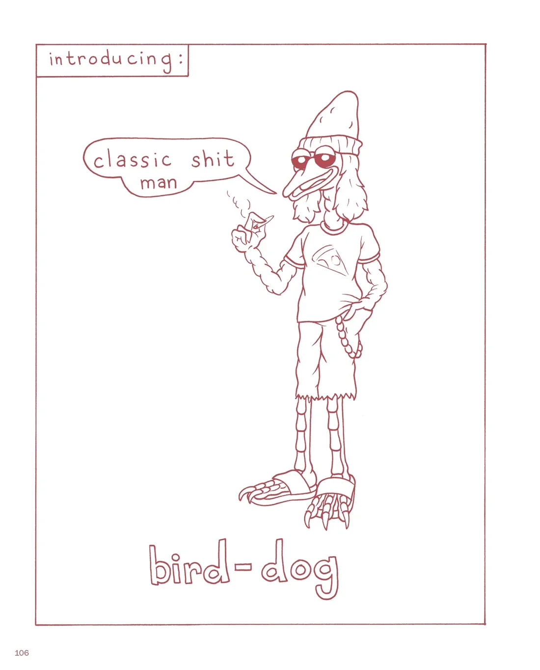Boy's Club comic page: 'introducing: bird-dog' — a bird-dog character in a beanie and sunglasses saying 'classic shit man'